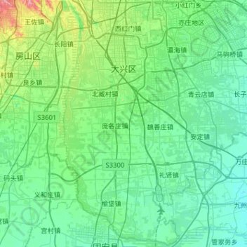 Topografische kaart Daxing District, hoogte, reliëf