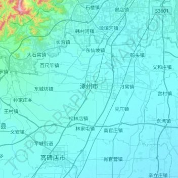 Topografische kaart Zhuozhou City, hoogte, reliëf