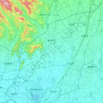 Topografische kaart Tochigi, hoogte, reliëf