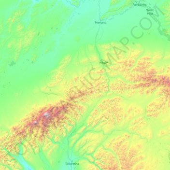 Topografische kaart Denali, hoogte, reliëf