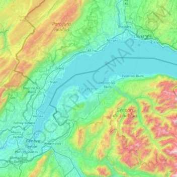 Topografische kaart Meer van Genève, hoogte, reliëf