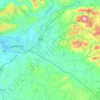 Topografische kaart Limerick City, hoogte, reliëf