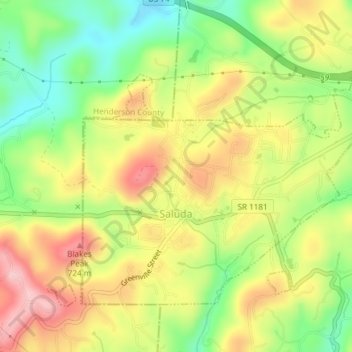 Topografische kaart Saluda, hoogte, reliëf