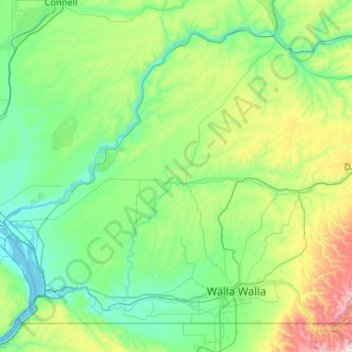 Topografische kaart Walla Walla County, hoogte, reliëf