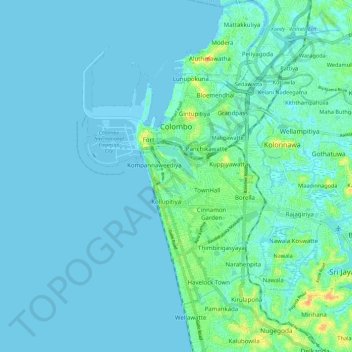 Topografische kaart Colombo, hoogte, reliëf