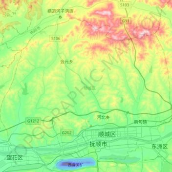 Topografische kaart Shuncheng District, hoogte, reliëf
