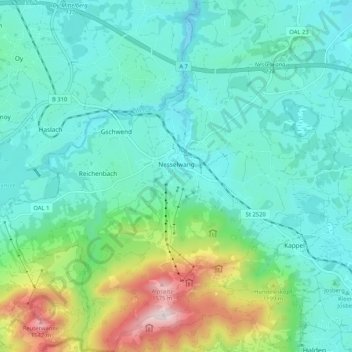 Topografische kaart Nesselwang, hoogte, reliëf