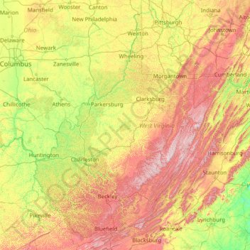 Topografische kaart West Virginia, hoogte, reliëf