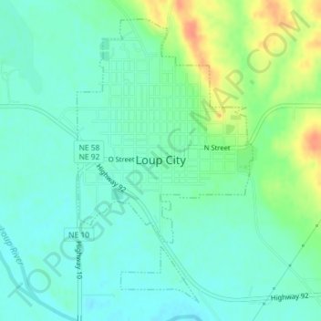 Topografische kaart Loup City, hoogte, reliëf