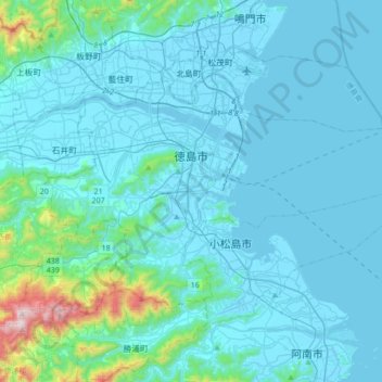 Topografische kaart Tokushima, hoogte, reliëf