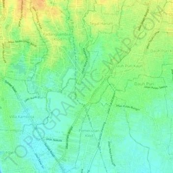 Topografische kaart Pemecutan Kelod, hoogte, reliëf