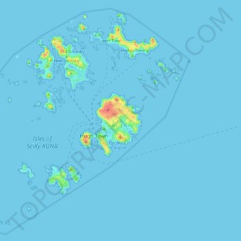 Topografische kaart Scilly-Inseln, hoogte, reliëf