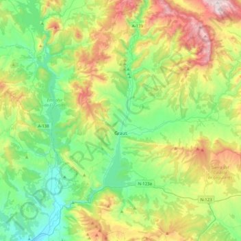 Topografische kaart Graus, hoogte, reliëf