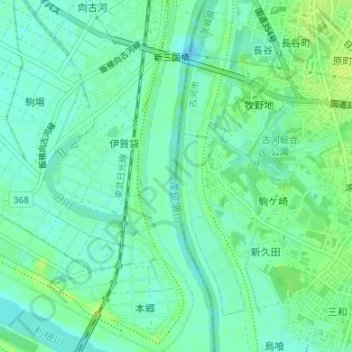Topografische kaart 渡良瀬川, hoogte, reliëf