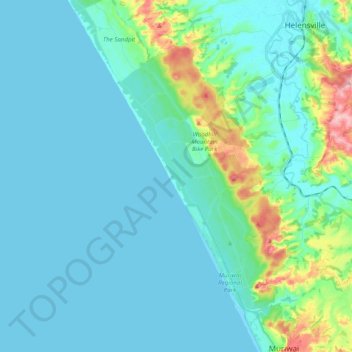 Topografische kaart Muriwai Beach, hoogte, reliëf