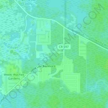 Topografische kaart Weeki Wachee Gardens, hoogte, reliëf