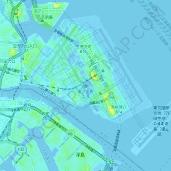 Topografische kaart Tokyo International Airport, hoogte, reliëf