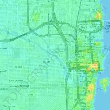 Topografische kaart Miami River, hoogte, reliëf