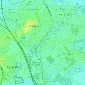 Topografische kaart Gent-Brugge, hoogte, reliëf