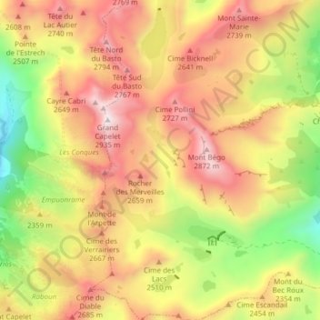 Topografische kaart Zone réglementée des Merveilles, hoogte, reliëf