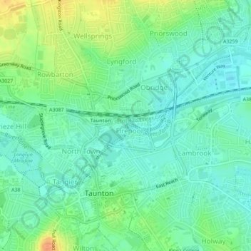 Topografische kaart Bridgwater and Taunton Canal, hoogte, reliëf