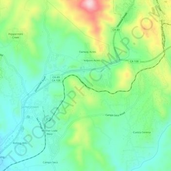 Topografische kaart Jamestown, hoogte, reliëf