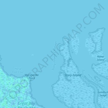 Topografische kaart Story Island Channel, hoogte, reliëf