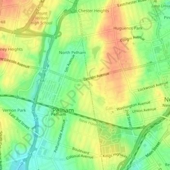 Topografische kaart New York, Westchester and Boston Railway, hoogte, reliëf