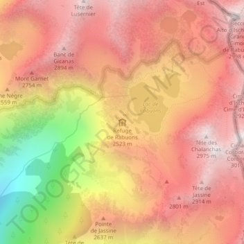 Topografische kaart Refuge de Rabuons, hoogte, reliëf