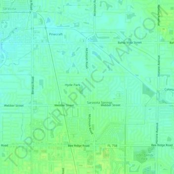 Topografische kaart Sarasota Springs, hoogte, reliëf