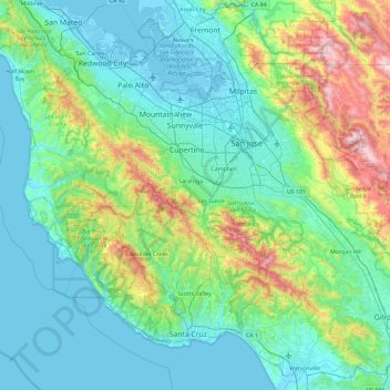 Topografische kaart Santa Cruz Mountains, hoogte, reliëf