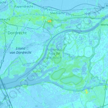 Topografische kaart Nationaal Park De Biesbosch, hoogte, reliëf