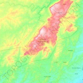 Topografische kaart Shimba Hills National Reserve, hoogte, reliëf