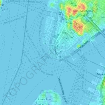 Topografische kaart Battery Park, hoogte, reliëf