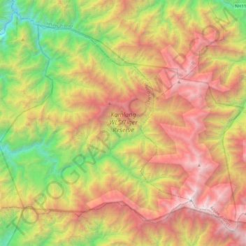 Topografische kaart Kamlang WLS/Tiger Reserve, hoogte, reliëf