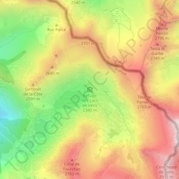 Topografische kaart Refuge des Lacs de Vens, hoogte, reliëf