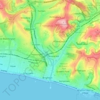 Topografische kaart Brighton, hoogte, reliëf