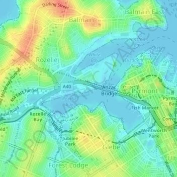 Topografische kaart Sydney City Marine, hoogte, reliëf