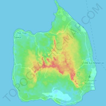 Topografische kaart Car Nicobar Island, hoogte, reliëf