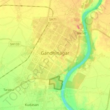 Topografische kaart Gandhinagar, hoogte, reliëf