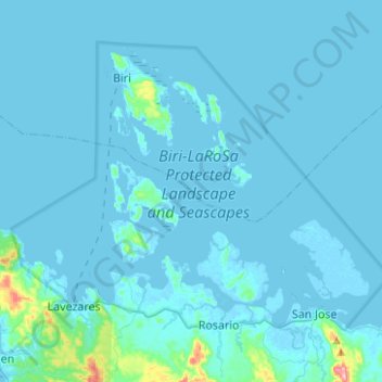Topografische kaart Biri Larosa Protected Landscape and Seascape, hoogte, reliëf