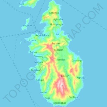 Topografische kaart Romblon Island, hoogte, reliëf