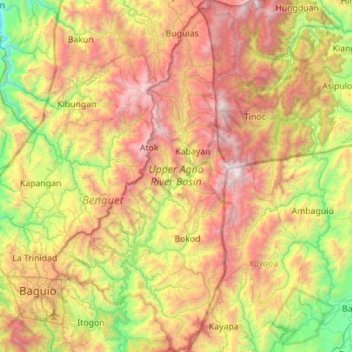 Topografische kaart Upper Agno River Basin, hoogte, reliëf