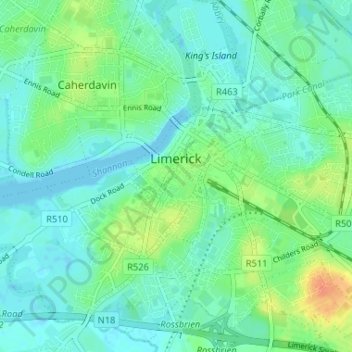 Topografische kaart Limerick, hoogte, reliëf