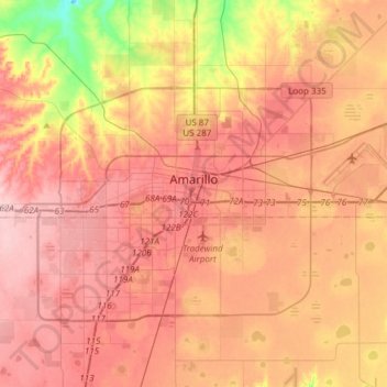 Topografische kaart Amarillo, hoogte, reliëf
