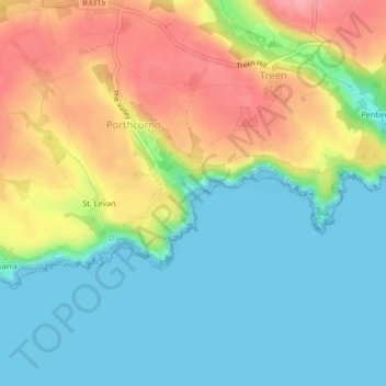 Topografische kaart Porthcurno, hoogte, reliëf
