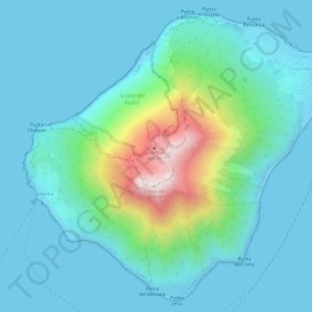 Topografische kaart Stromboli, hoogte, reliëf