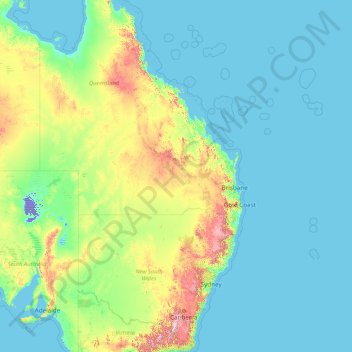 Topografische kaart Great Dividing Range, hoogte, reliëf