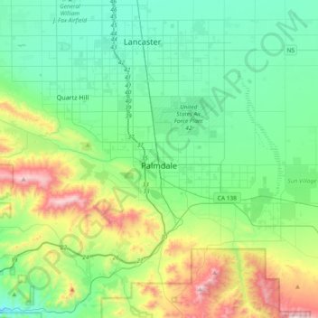 Topografische kaart Palmdale, hoogte, reliëf
