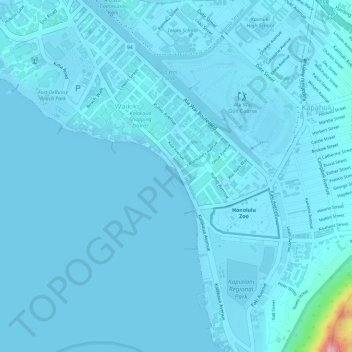 Topografische kaart Waikiki Beach, hoogte, reliëf